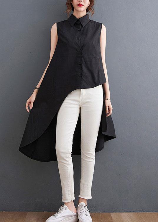 Simple Black asymmetrical design low high design Summer Blouses - SooLinen