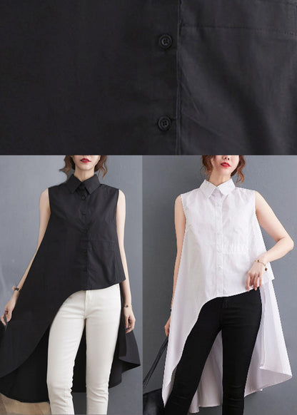 Simple Black asymmetrical design low high design Summer Blouses - SooLinen