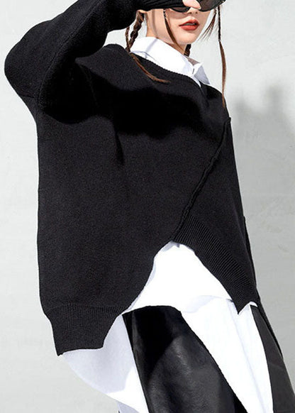 Einfacher schwarzer gemütlicher einfarbiger Strickpullover für den Frühling