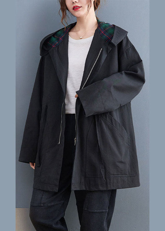 Einfache schwarze Mode Casual Reißverschluss Herbst Kapuzen Trenchcoats