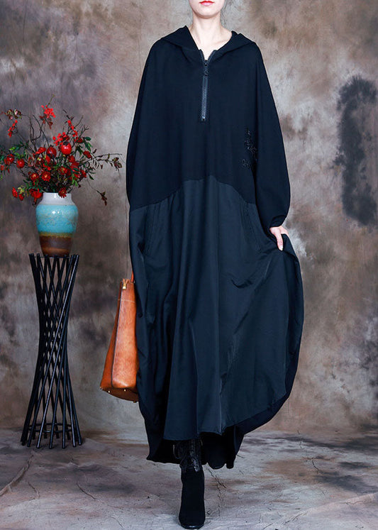 Einfache schwarze Mode Kapuze Patchwork asymmetrisches Design Herbst Maxi Kleider