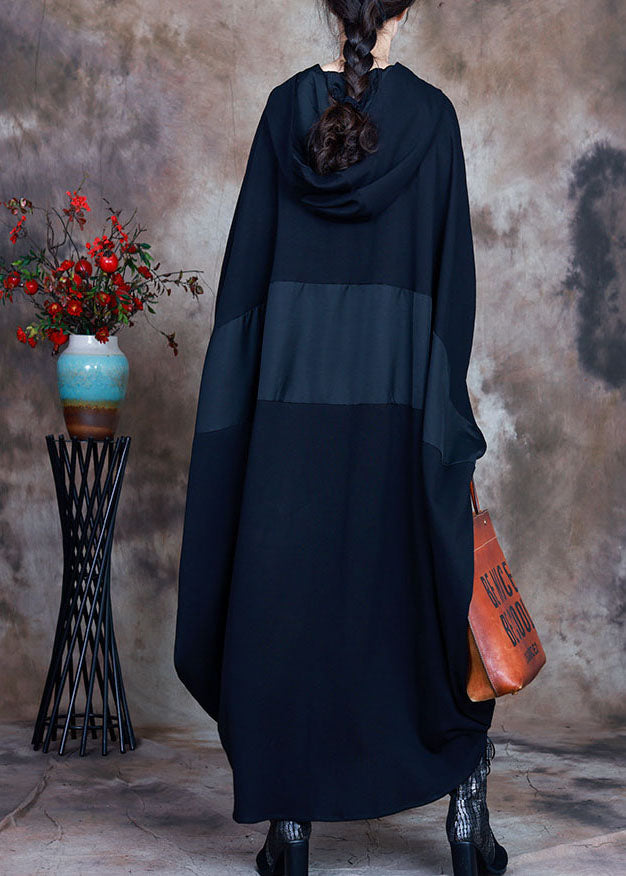 Einfache schwarze Mode Kapuze Patchwork asymmetrisches Design Herbst Maxi Kleider