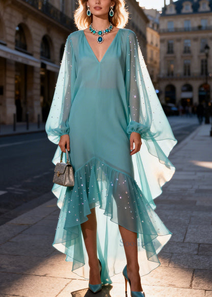 Simple Blue Asymmetrical Patchwork Chiffon Rhinestone Dresses Summer