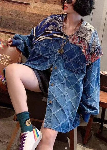 Einfache Blaue Taste Patchwork Print Herbst Mäntel Langarm