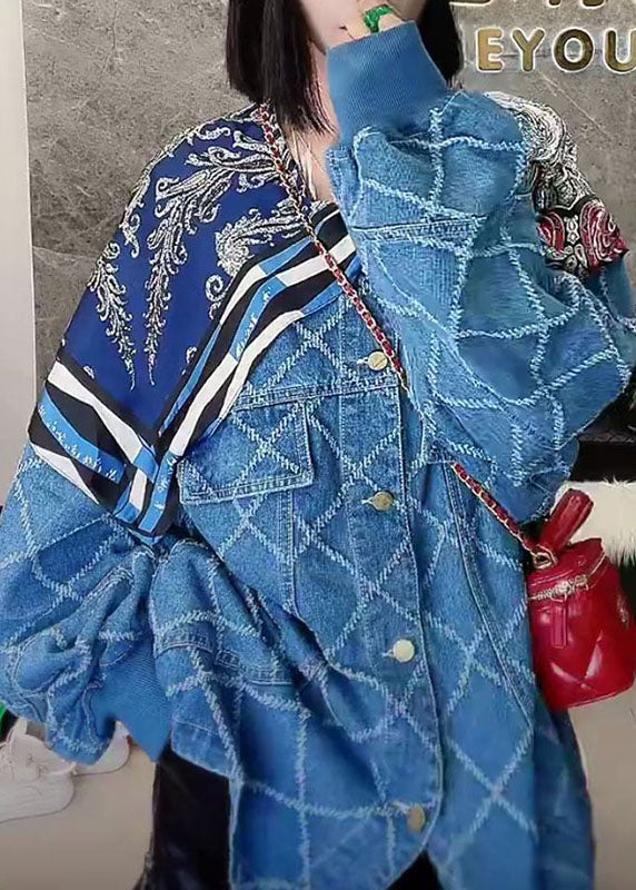 Einfache Blaue Taste Patchwork Print Herbst Mäntel Langarm