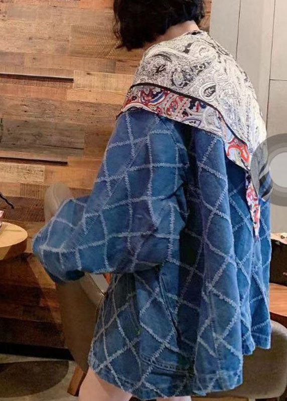 Einfache Blaue Taste Patchwork Print Herbst Mäntel Langarm