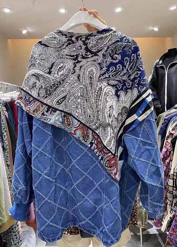 Einfache Blaue Taste Patchwork Print Herbst Mäntel Langarm