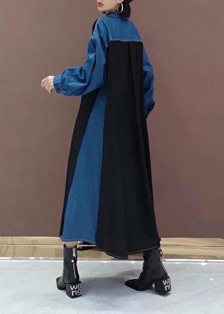 Simple Blue Dresses Lapel Patchwork Robe Spring Dress - SooLinen