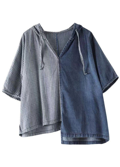 Einfaches blaues Kapuzen-Asymmetrisches Design Patchwork Denim T Shirt Top Sommer