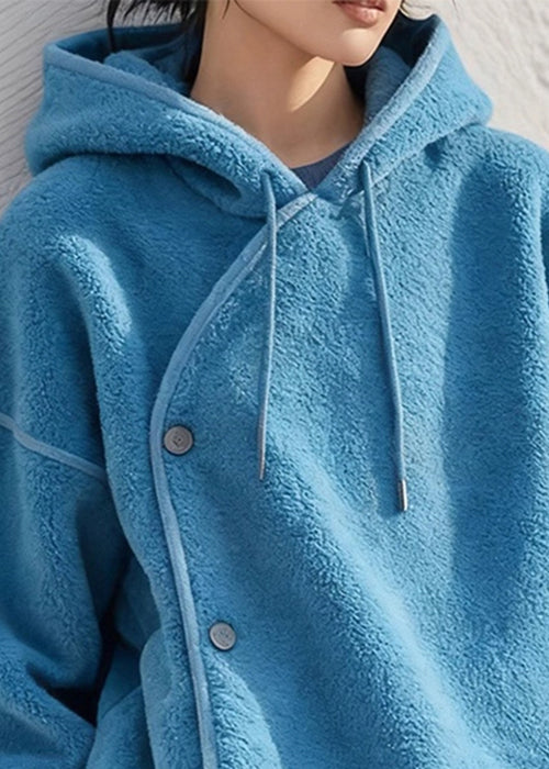 Simple Blue Hooded Cozy Solid Fluffy Sweatshirts Winter