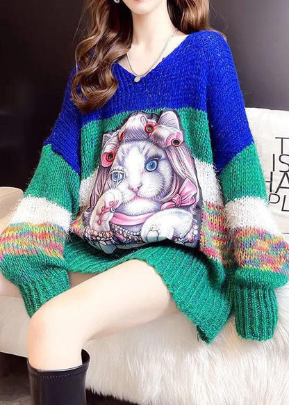 Einfacher blauer lockerer Patchwork-Lässiger Herbstpullover