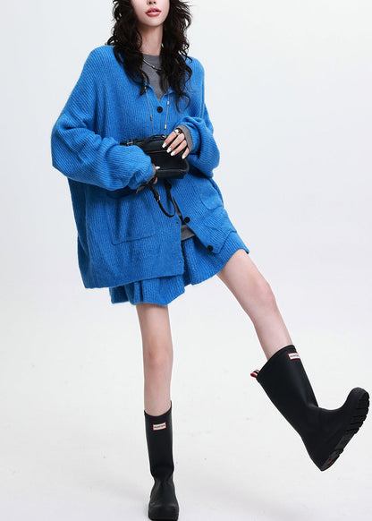 Conjunto de 2 piezas de punto acogedor con bolsillos grandes y sencillos en azul para primavera