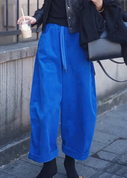 Pantalones anchos de pana con cintura elástica y bolsillos azules sencillos para primavera