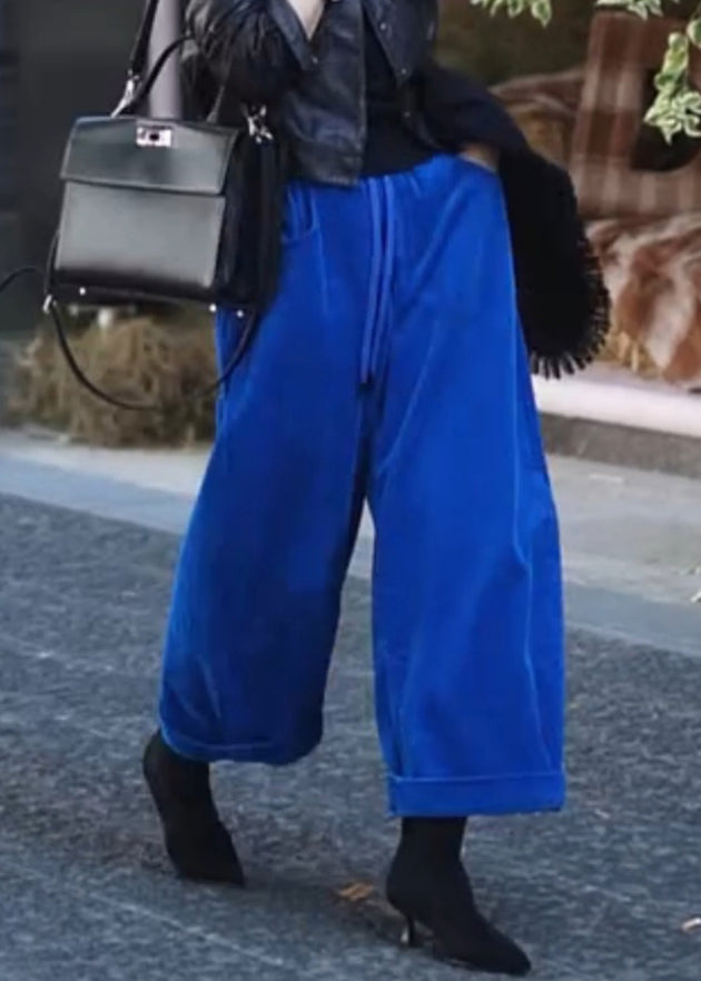 Pantalones anchos de pana con cintura elástica y bolsillos azules sencillos para primavera