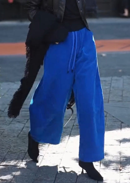 Pantalones anchos de pana con cintura elástica y bolsillos azules sencillos para primavera