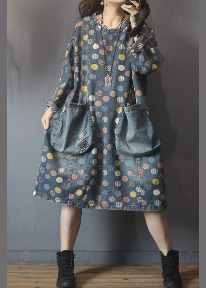 Simple Blue Print Pockets Denim Long Summer Cotton Dress - SooLinen