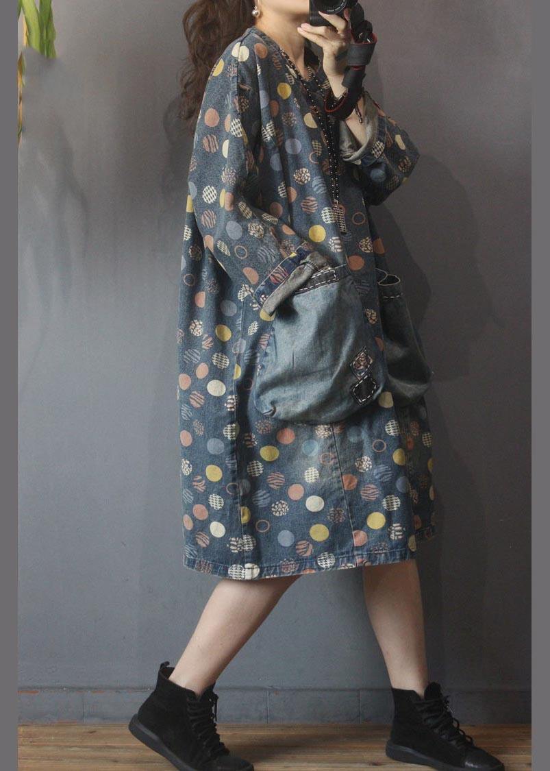 Simple Blue Print Pockets Denim Long Summer Cotton Dress - SooLinen