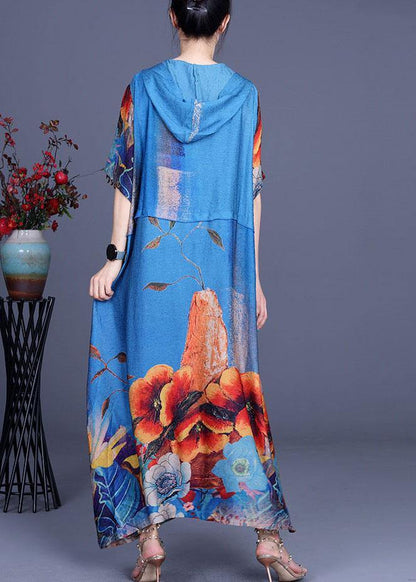 Simple Blue Print hooded Patchwork Silk Ankle Dress Summer - SooLinen