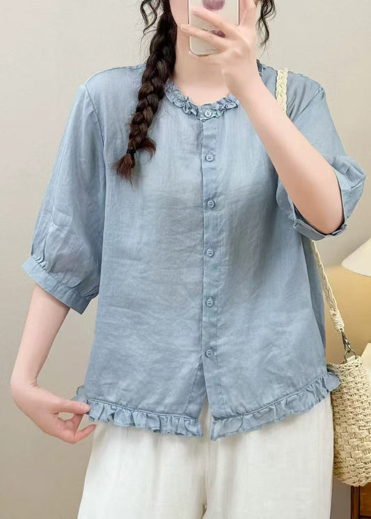 Simple Blue Ruffled Linen Blouse Tops Half Sleeve