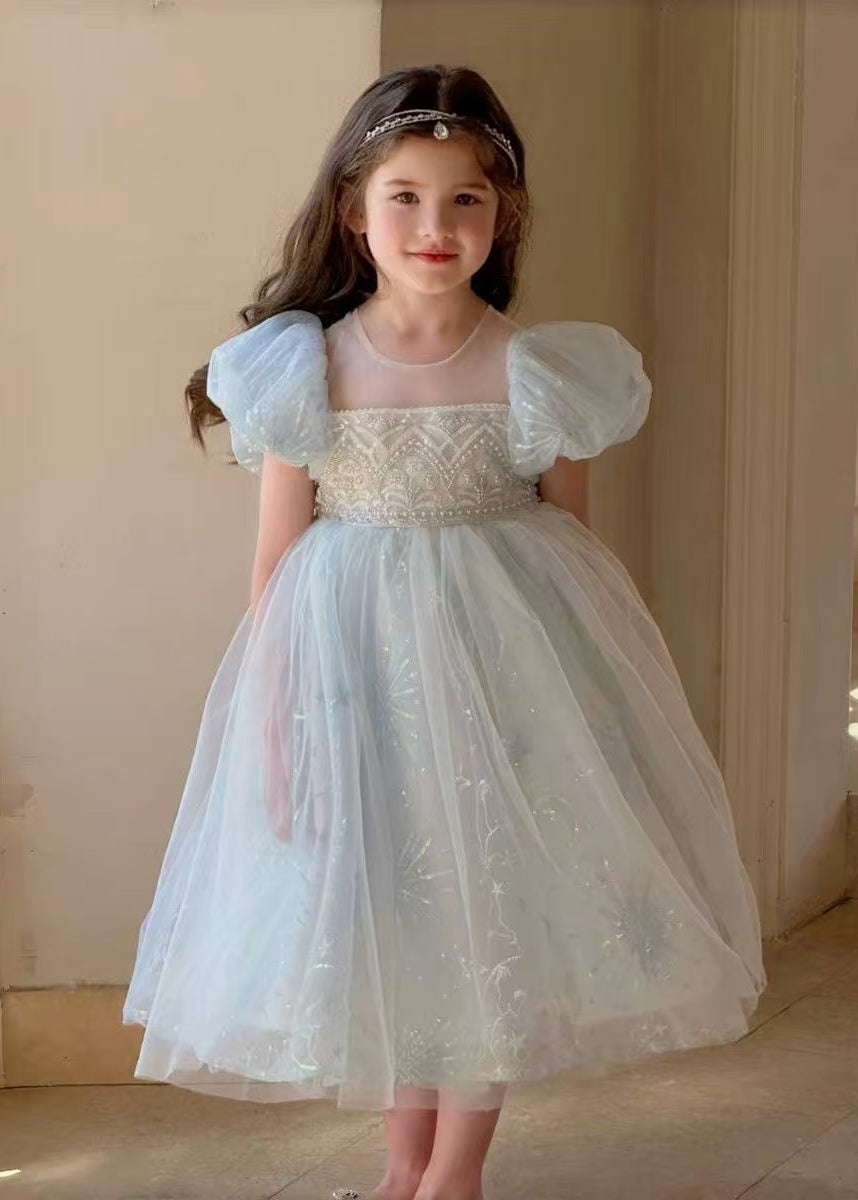 Simple Blue Sequins Puff Sleeve Tulle Kids Girls Dress Summer