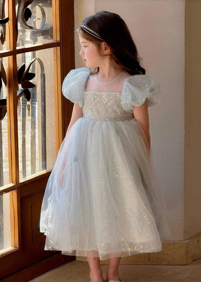 Simple Blue Sequins Puff Sleeve Tulle Kids Girls Dress Summer