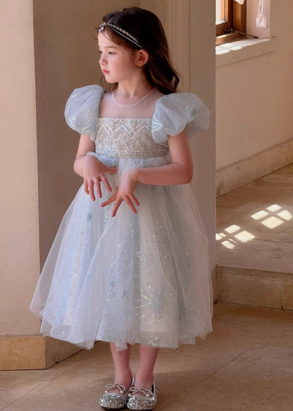 Simple Blue Sequins Puff Sleeve Tulle Kids Girls Dress Summer