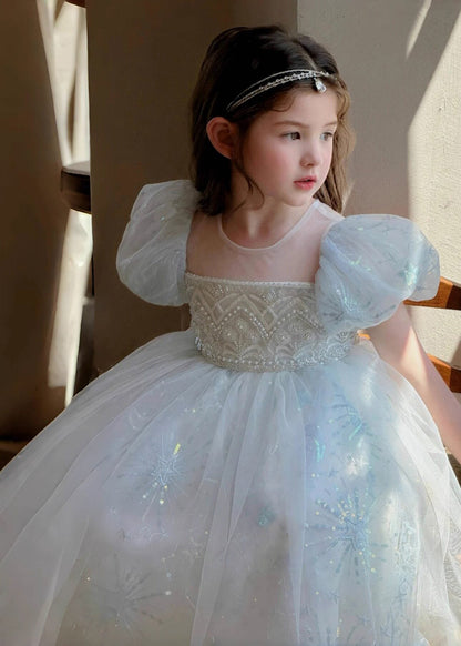 Simple Blue Sequins Puff Sleeve Tulle Kids Girls Dress Summer