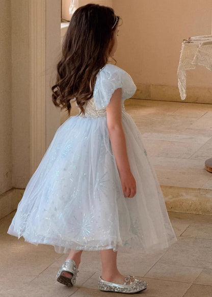 Simple Blue Sequins Puff Sleeve Tulle Kids Girls Dress Summer