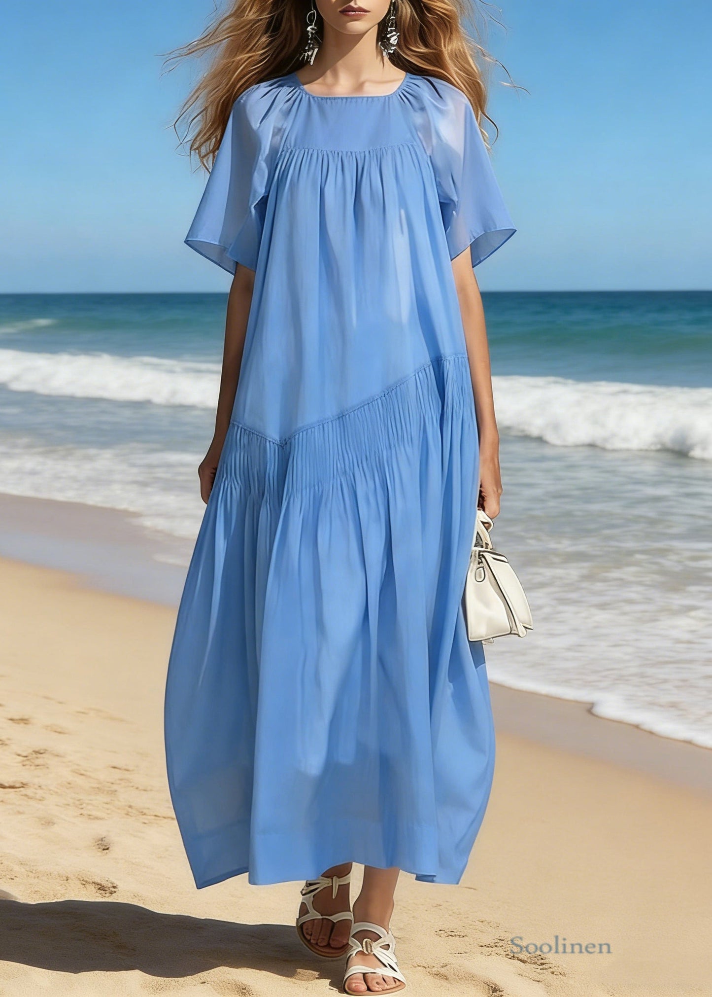 Simple Blue Square Collar Wrinkled Cotton Long Dresses Summer