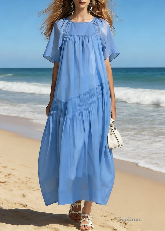 Simple Blue Square Collar Wrinkled Cotton Long Dresses Summer
