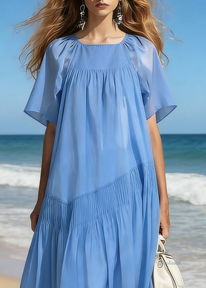 Simple Blue Square Collar Wrinkled Cotton Long Dresses Summer
