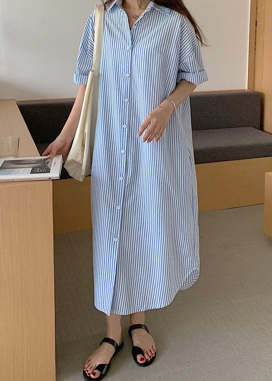 Einfache Blau Gestreiften lange hemden Baumwolle Kleid Kurzarm