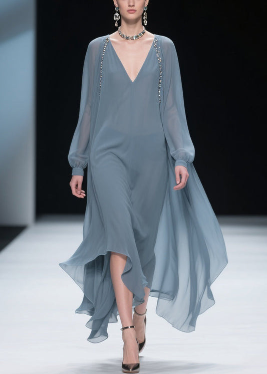 Simple Blue V Neck Solid Chiffon Long Dress Spring