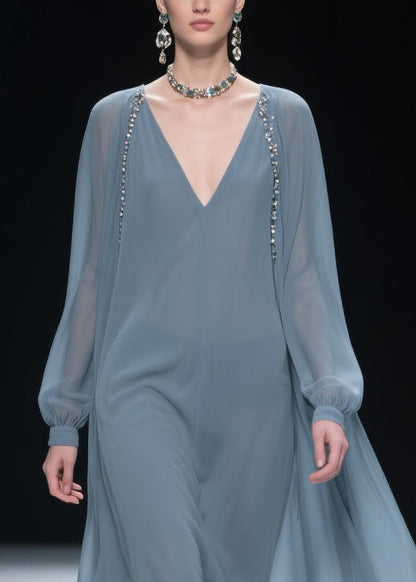 Simple Blue V Neck Solid Chiffon Long Dress Spring