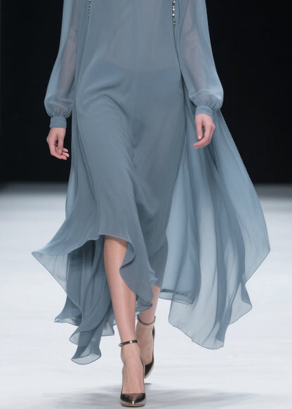 Simple Blue V Neck Solid Chiffon Long Dress Spring