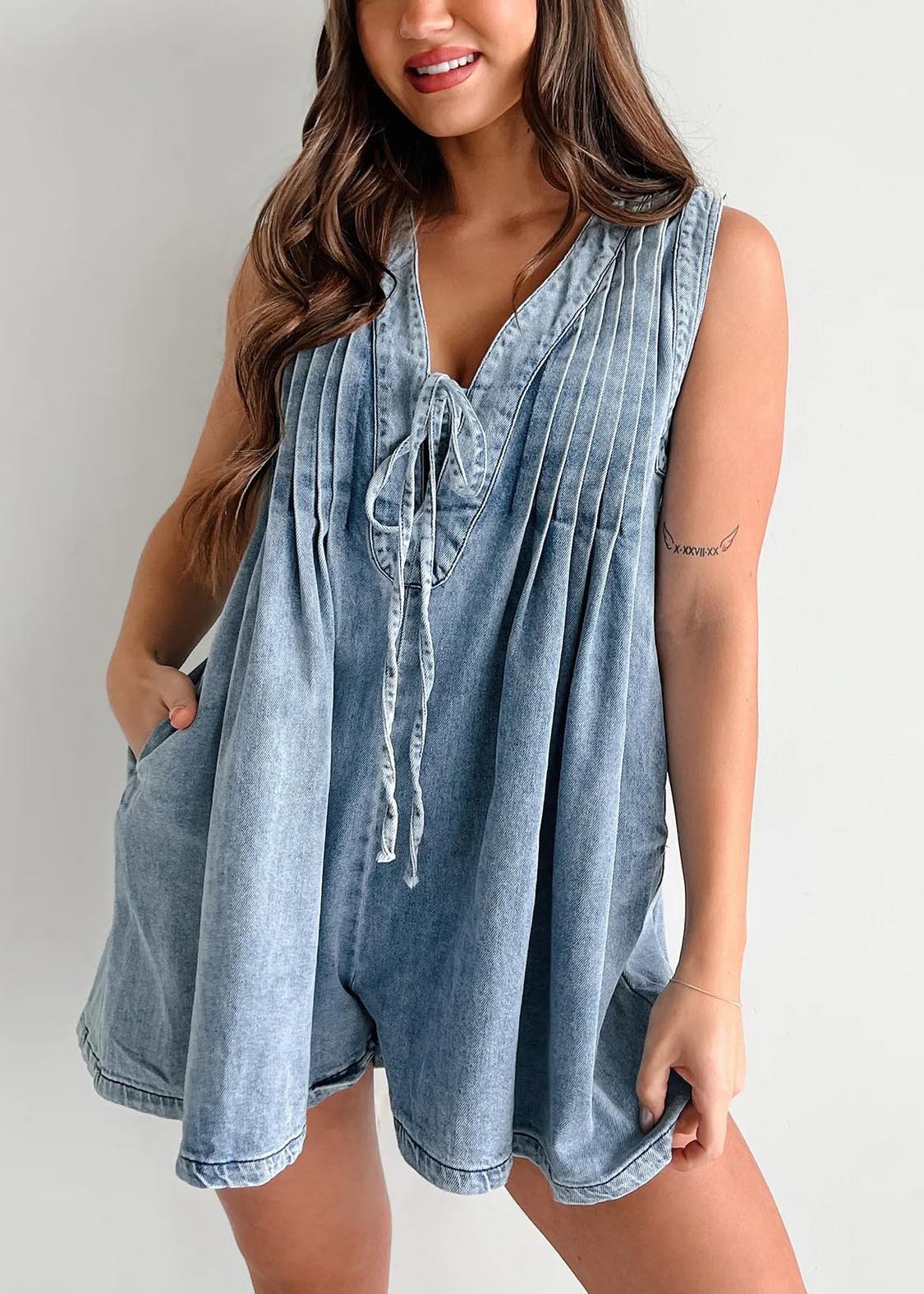 Simple Blue Wrinkled Denim Shorts Jumpsuit Sleeveless