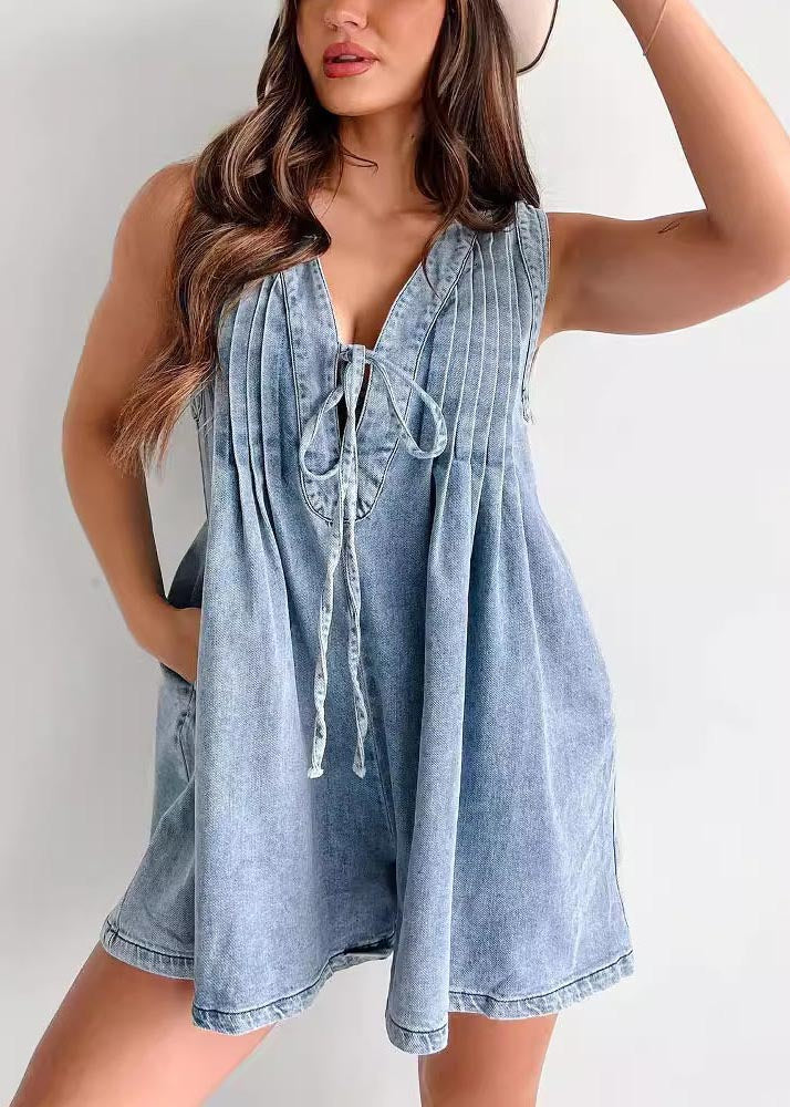 Simple Blue Wrinkled Denim Shorts Jumpsuit Sleeveless