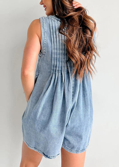 Simple Blue Wrinkled Denim Shorts Jumpsuit Sleeveless