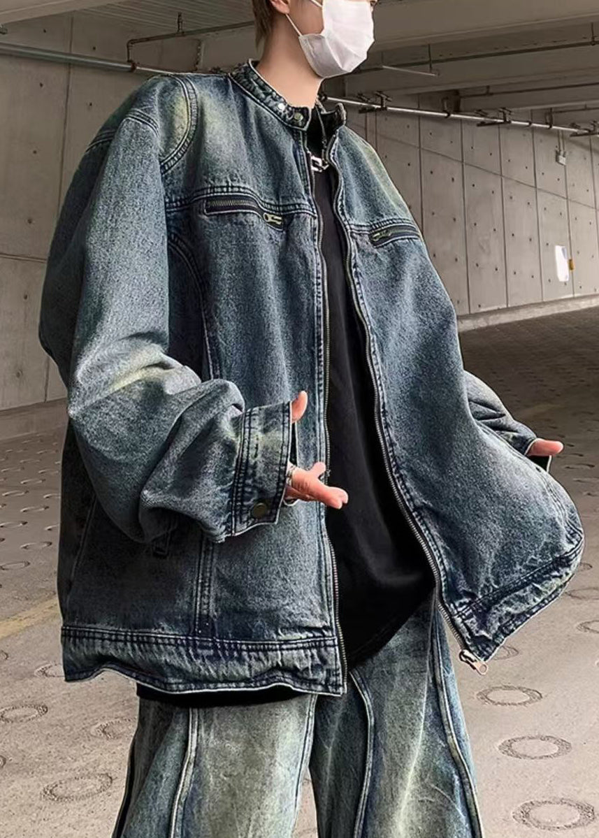 Simple Blue Zip Up Original Design Denim Mens Coats Fall