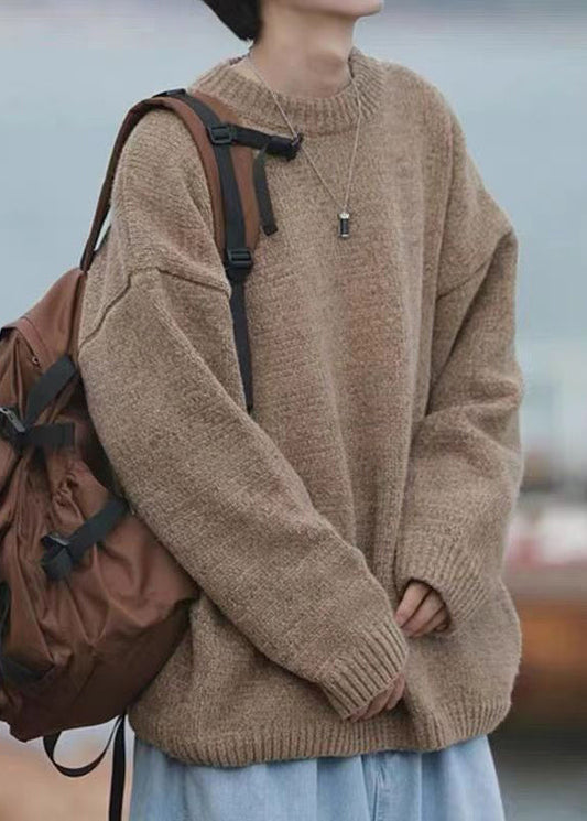 Simple Brown O-Neck Solid Knit Men Sweater Fall