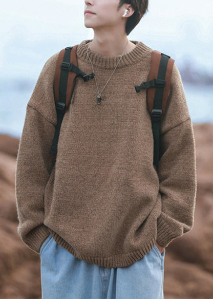 Simple Brown O-Neck Solid Knit Men Sweater Fall