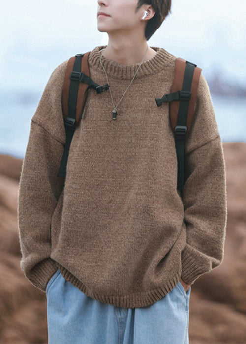 Simple Brown O-Neck Solid Knit Men Sweater Fall