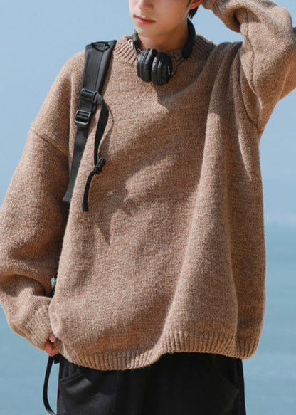 Simple Brown O-Neck Solid Knit Men Sweater Fall