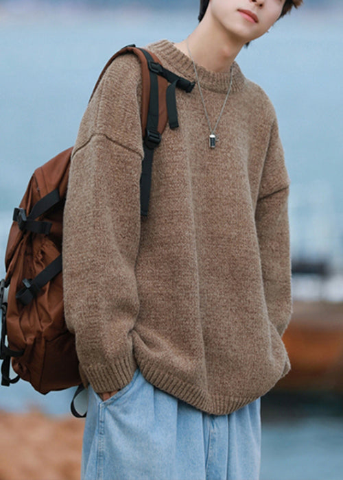 Simple Brown O-Neck Solid Knit Men Sweater Fall
