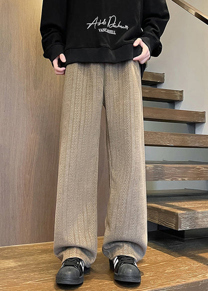 Simple Brown Pockets Solid Elastic Waist Chenille Mens Pants Fall