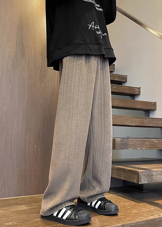 Simple Brown Pockets Solid Elastic Waist Chenille Mens Pants Fall