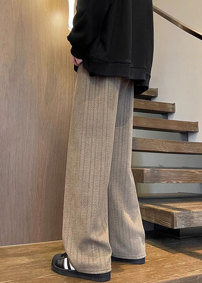 Simple Brown Pockets Solid Elastic Waist Chenille Mens Pants Fall