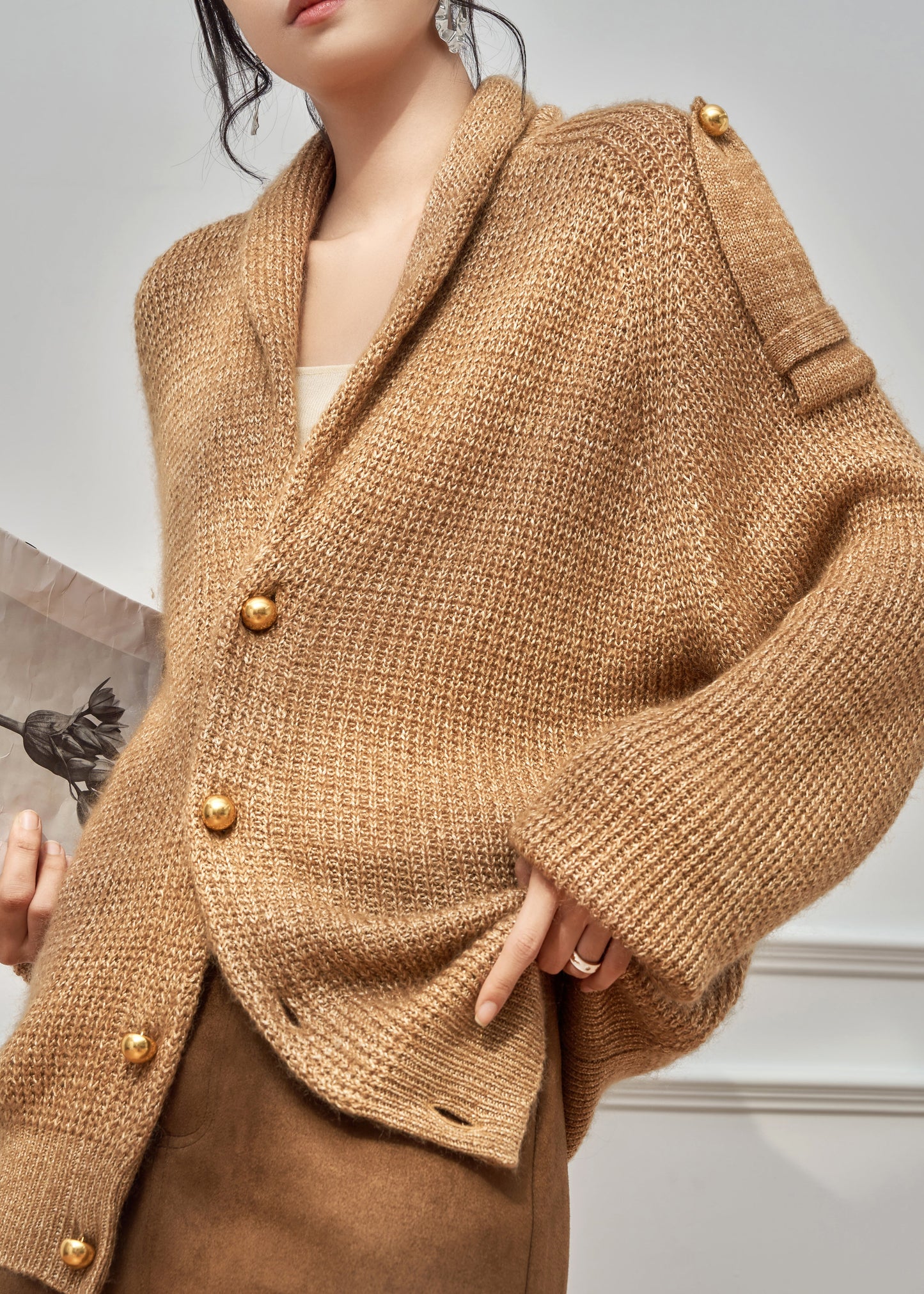 Simple Brown V Neck Button Cozy Knit Coats Winter