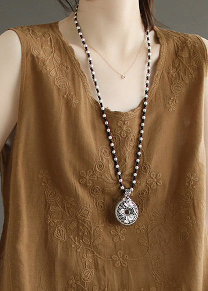 Einfache Braun Gelb O-Neck Baumwolle Tops Sommer