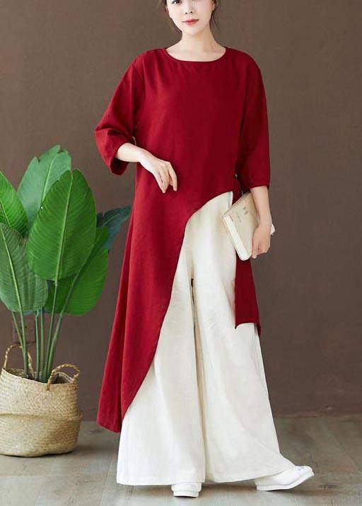 Simple Burgundy Tops Women Blouses O Neck Asymmetric Shirts - SooLinen